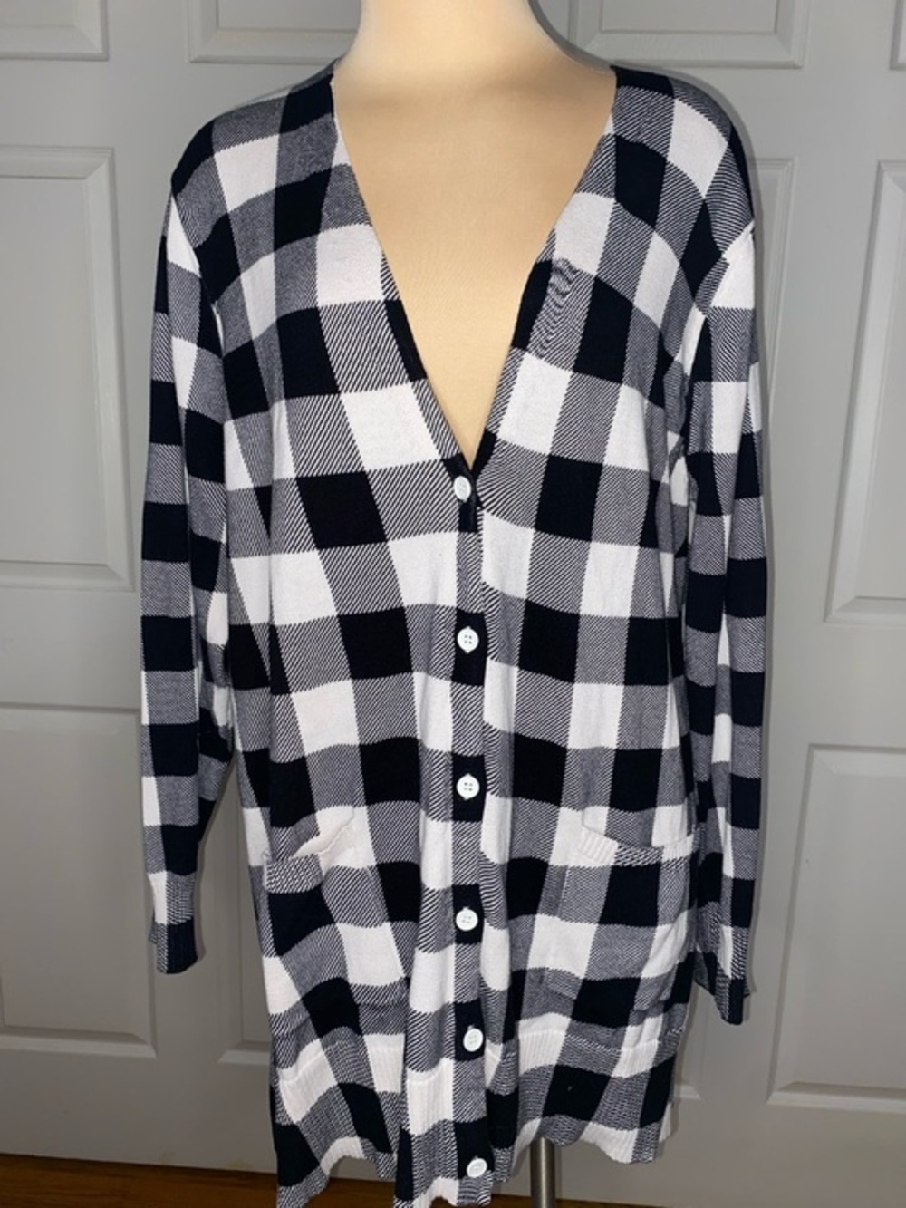 Woman Within Black and White Buffalo Check Knit Cardigan, V-neck, Plaid, Fall